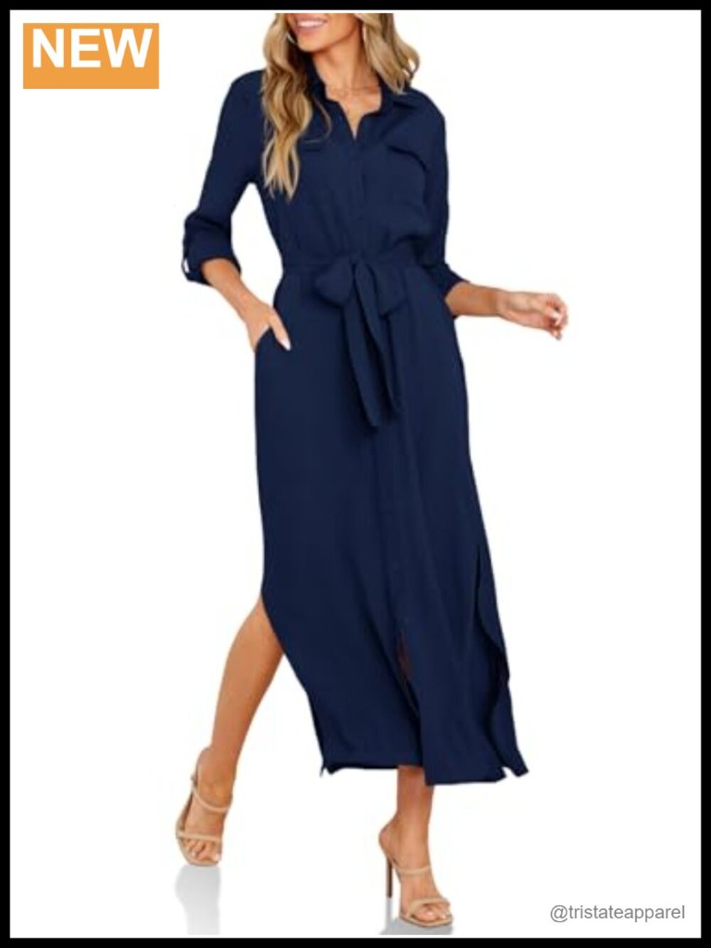 Womens Button Down Shirt Dress Belted Flowy Midi Chiffon V-Neck